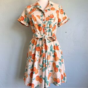 Eva Rose Retro Summer Citrus Oranges & Leaves Mini Shirtwaist Dress Sz XS/S EUC